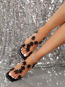 Summer 2024 New Rhinestone Embellished Open Toe Wedge Sandals For Plus Size Women, Fashionable High Heels - Black - View 7