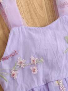 1pc Baby Girls' Cute Elegant Luxurious Ladylike Sweet Princess Heavily Embroidered Flower & Bow Tulle Bowknot Dress, Suitable For Party, Holiday, Birthday, All Seasons - Mauve Purple - View 5