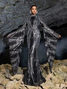 Faeriesty Glamorous Bell Sleeve Extra Long Sleeve Sequin Print Formal Party Dress, Wedding Guest Dress, Evening Gown - Silver - View 2