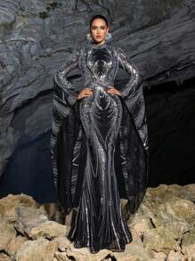 Faeriesty Glamorous Bell Sleeve Extra Long Sleeve Sequin Print Formal Party Dress, Wedding Guest Dress, Evening Gown - Silver - View 5