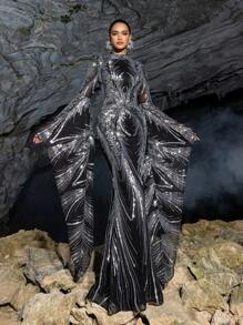 Faeriesty Glamorous Bell Sleeve Extra Long Sleeve Sequin Print Formal Party Dress, Wedding Guest Dress, Evening Gown - Silver - View 6