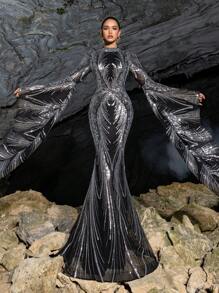 Faeriesty Glamorous Bell Sleeve Extra Long Sleeve Sequin Print Formal Party Dress, Wedding Guest Dress, Evening Gown - Silver - View 7