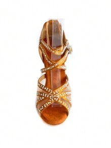 Salsa Latin Dance Shoes 7.5cm Stable High Heel Suede Sole Indoor Women Satin Dance Shoes With Soft Comfortable Insole - Bronze - View 8