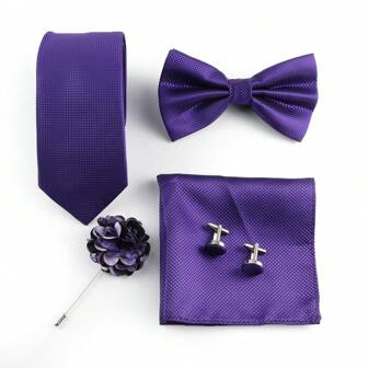 ZONFAZ 5 件男士商务时尚格子领带、领结、手帕、袖扣和胸针组合套装，适合婚礼、典礼和日常穿着