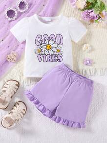 Set de 2 piezas de blusa de manga corta con estampado floral y shorts con volantes, ropa casual de verano para niña bebé
