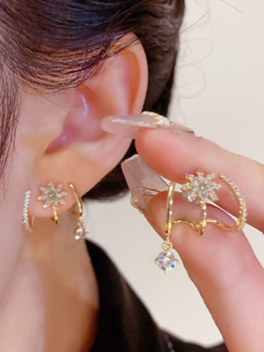 1 Cặp Hoa tai thiết kế hình hoa ba móng đơn giản dành cho phụ nữ, thích hợp để đeo hàng ngày, ngày lễ tình nhân, mẹ, mẹ, ngày của mẹ, quà tặng - Vàng - Xem 1