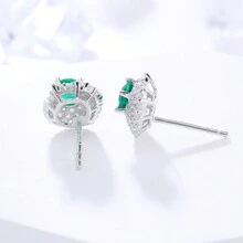 0.6 克拉绿色圆形祖母绿 S925 镀银铂金耳环 - 綠色 - 查看 5