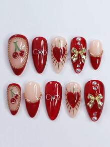 10pcs American Retro Sweet Cherry Nail Stickers, Vintage INS Style 3D Red Cherry Gold Bow Handmade Almond-Shaped Gel Nail Art, Exquisite Retro Cute Manicure, Hand-Painted Bow And Heart, New Year Nails, Holiday Nails, Precise Vintage Sense Hot Girl Nails, Bling Sparkling Gold Beads, Handmade Reusable Press-On Nails, Y2K Nails (Random Packaging Card)