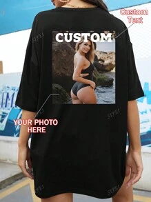 Gepersonaliseerde foto en tekst bedrukt zwart los dames sport T-shirt met korte mouwen, personaliseren met selfie, geliefde, familie, vrienden, huisdierfoto's en wensen, geschikt voor Valentijnsdag, verjaardag, nieuwjaar, feestjubileum, herfst- en winterkleding, cadeau voor beste vriend, muziekfestivaloutfit