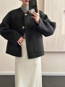 Warm For Spring, Women's Elegant Korean Style Small Fragrance Coat – Loose Fit, Single-Breasted, Round Neck, Double-Faced Wool. - Black - View 1