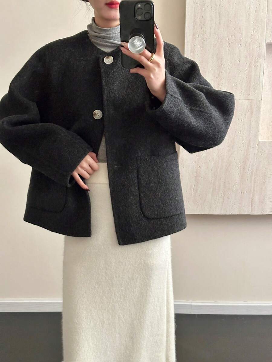 Warm For Spring, Women's Elegant Korean Style Small Fragrance Coat – Loose Fit, Single-Breasted, Round Neck, Double-Faced Wool. - Black - View 1