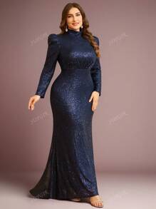 SUPGIR Plus Size Stand Collar Puff Sleeve Sequin Decor Party Dress Wedding Guest Dress Formal Dress Evening Dress,Gown