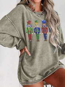 Women's Spring Autumn Loose Sweatshirt Long Sleeve Round Neck Sequins Cartoon Character Pullover - Grey - View 4