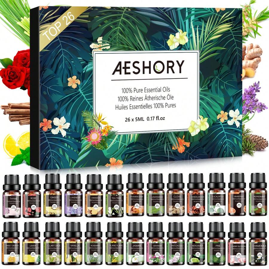 Essential Oils Set - 26cps Aromatherapy Essential Oils Kit For Diffuser, Massage, Skin & Hair Care, Candle Making - Lavender, Sweet Orange, Tea Tree, Lemongrass, Peppermint, Bergamot, Frankincense, Rosemary, Lemon, Cinnamon, Geranium, Patchouli, Clove, Vanilla, Jasmine, Sandalwood, Ylang-Ylang, Grapefruit, Sage, Eucalyptus, Chamomile, Rose, Cherry Blossom, Ginger, Pine, Thyme, Oregano, Basil, Neroli, Black Pepper, White Tea, Gardenia Essential Oil. - 26 PCS/SET - 查看 1