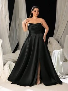 Faeriesty Curve Strapless Sweetheart Neckline Gown With Pleated Bodice & Thigh Slit - A-Line Formal Dress For Spring, Summer, Fall | Wedding Guest, Gala, Red Carpet, Evening Party - Black - View 5