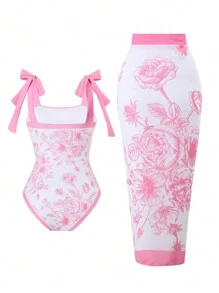 Traje de baño de una pieza con estampado floral de estilo europeo y estadounidense, con control de abdomen y falda de cobertura, para vacaciones, spa, natación, para vacaciones de verano