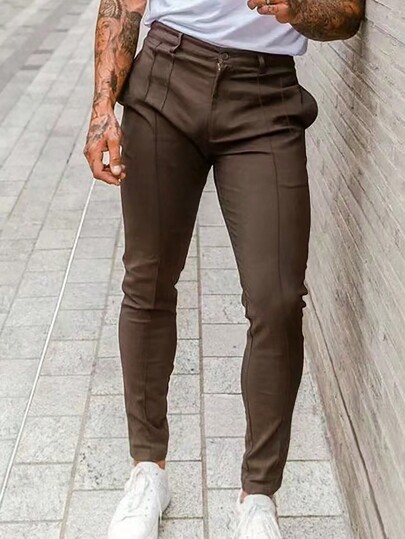 Retro American Cargo Solid Color Slim Fit Casual Pants, Men's Slim Fit Side Pocket Zipper Business Casual Pants, Fall
