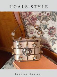 奢华女士新娘婚礼珍珠钱包派对舞会闪亮水钻手包手提包晚宴手拿包水桶包 - 香檳色 - 查看 3