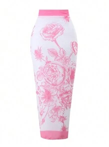 Traje de baño de una pieza con estampado floral de estilo europeo y estadounidense, con control de abdomen y falda de cobertura, para vacaciones, spa, natación, para vacaciones de verano