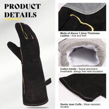 1 Pair Black Extreme Heat & Fire Resistant Gloves Leather With Stitching,Mitts Perfect For Fireplace, Stove, Oven, Grill, Welding, BBQ, Mig, Pot Holder, Animal Handling