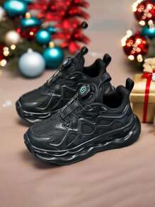 男童休闲运动鞋 - 旋转扣式网眼透气弹力运动鞋，跑步儿童运动鞋 - 黑色 - 查看 5