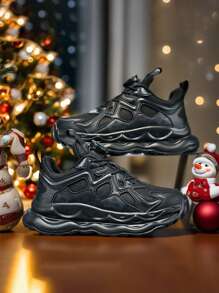 男童休闲运动鞋 - 旋转扣式网眼透气弹力运动鞋，跑步儿童运动鞋 - 黑色 - 查看 2