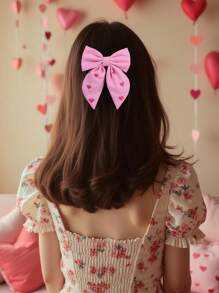 1pc Pink Embroidered Hearts Hair Bow Clip,Love Hairpins Hair Bows For Girls,Romantic Hair Accessory,Mother's Day Gifts - Multicolor - View 3