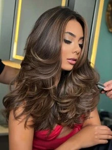 Chic Straight Layered Wigs For Women Synthetic Wig 4X1 Lace Wig Soft Synthetic Hair, Rose Net Cap, Mixed Brown Black Color For All Skin Women, Easy To Style, Natural Look, Short To Medium Length - Brown Highlight - View 1