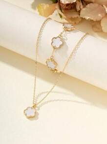 1Set 925 Sterling Silver Five Leaf Flower Lucky Bracelet Necklace & Earring Set, Gift For Women Daily Wear Holiday Gift Original Designed Glamorous Retro Party Fine Jewelry Valentines - Flower Set - View 9