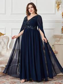 SUPGIR Plus Size Deep V-Neck Long Sequin Sleeve Patchwork Waist Pleated Dress Party Dress Wedding Guest Dress Formal Dress Evening Dress,Gown - Navy Blue - View 3