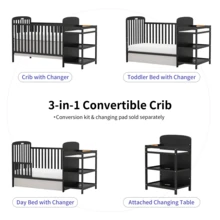Goldzone 4-In-1 Convertible Baby Crib, Toddler Bed, Daybed With Changer, 3 Heights, Solid Pine Wood, Nursery Furniture & Stuff For Newborn - Black - View 7
