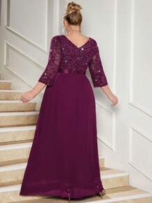 Plus V Neck Sequin Floral Lace Ruffle Trim Chiffon Hem Evening Party Maxi Dress, Elegant Prom Formal Wedding Guest Dress, New Year Dress, Winter Dress, For Graduation, Birthday, Homecoming - Maroon - View 3
