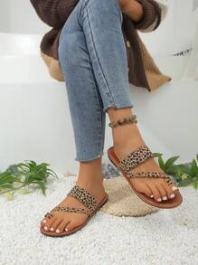 女士豹纹平底凉鞋，休闲防滑沙滩凉鞋，适合度假、派对、角斗士风格、户外穿着 - 棕色 - 查看 1