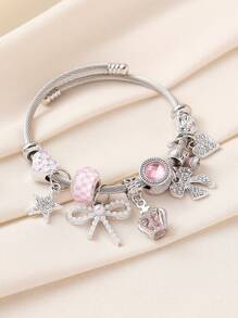 1 件优雅水晶水钻皇冠、蝴蝶结、心形吊坠和棋盘串珠不锈钢手链套装，时尚珠宝礼物，适合女性，适合派对和母亲节 - 銀色 - 查看 13