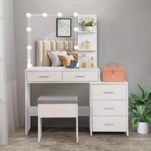 5 Drawer Dresser Set With Large Illuminated Mirror Bedroom Makeup Dress, Dresser Set Bedroom, Bathroom, White - White - View 5