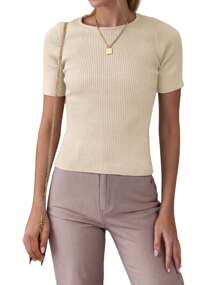hoteel Women's Short Sleeve Basic Slim Top Crew Neck Ribbed Knit T-Shirt Cute Summer Outfit - Màu be - Xem 2