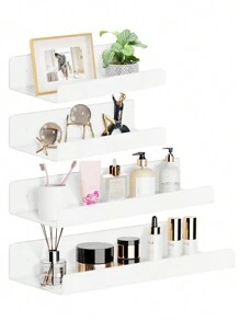 4pcs No Drill Wall Shelves, White, 3 Sizes No-Drill Wall Shelves, Acrylic Bathroom Adhesive Racks, Shelves No Drilling Required, Suitable For Kitchen, Bathroom, Office And Living Room, Bathroom Accessories, Room Decor Bathroom - White - View 2