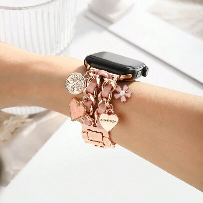 1pc Women's Fashion Handmade Leather Cord Pendant Zinc Alloy Stainless Steel Wrist Strap, Fits 38/40/41/42/44/45/49mm Compatible With Apple Watch Ultra/SE/10/9/8/7/6/5/4/3/2/1