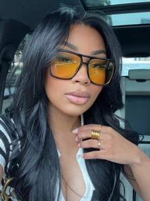 1pc Double Bridge Pilot Style Fashion Glasses, Fashionable Eyewear For Everyday, Outdoor, Driving, Travel And Party Beach Accessories For Women Glasses Shades Basics Fall Winter Women Outfits Clothes Business Casual Gifts For Summer Beach Vacation,Outdoor,Travel Casual Style Oversized Aviator Frame For Going Out Outfit,Back To School - Yellow - View 2