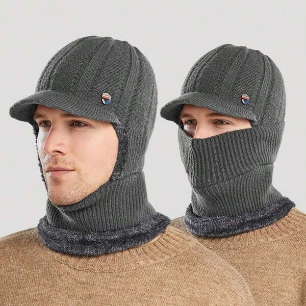 3 In 1 Men's Winter Keep Warm Earflap Hat With Neck Gaiter Mask Thermal Lined Scarf Knitted Baseball Cap Woolen Yarn One-Piece Hoodie