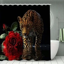 1/4 件创意老虎与玫瑰花卉防水浴帘套装，情人节、冬季、新年、节日家居装饰，奢华浴室配件，防水，可机洗，含 12 个挂钩，必备浴室装饰，浴缸分隔器，易于清洁的设计，带来清爽的浴室体验，秋季装饰，返校 - 黑色 - 查看 5