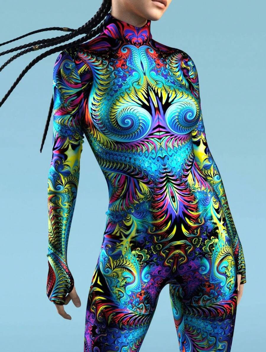 LADYINGBAY Mirror Spandex Full Body Print Jumpsuit Yoga Swim Fitness Suit Halloween Party Cosplay Costume Halloween Costumes And Christmas Performance Outfits - 彩色 - 查看 1
