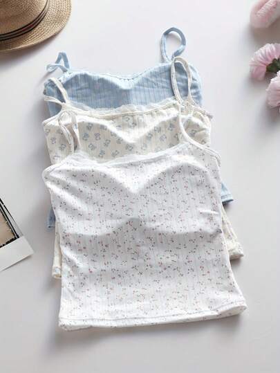 3pcs Teen Girl French Style Floral Print Lace Edge Ribbon Bow Padded Plunge Push Up Bra Set,Non-Removable Coasters