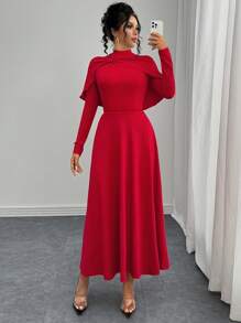 红色多向可穿领 A 字形蝴蝶结长袖女式连衣裙