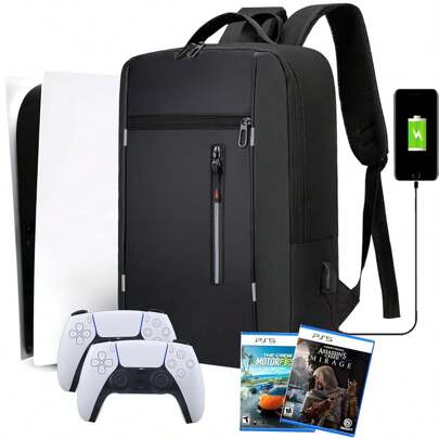 Mochila para consola de juegos compatible con la consola Play-Station 5, funda de viaje protectora para PS5 con puerto USB para auriculares, discos de juego y accesorios