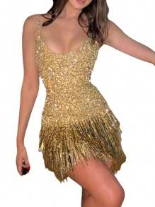 Women Sparkle Sequin Mini Dress Spaghetti Strap Backless Glitter Dress Low Cut Slim Fit Bodycon Dress Disco Party Clubwear - Gold - View 5