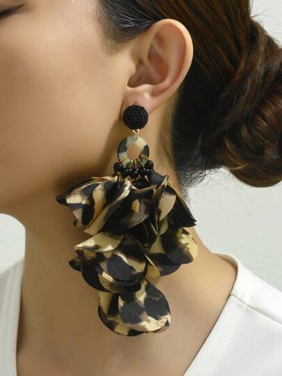 1pair Long Leopard Pattern & Chiffon Petal Pendant Earrings