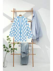 格子印花长袖开衫，女式拼色格子印花长袖针织开衫 - 藍白色 - 查看 3