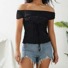 Womens Lace Patchwork Crop Top Y2k Fairy Grunge Crop Top Short Sleeve Aesthetic Slim Fit Tank Top Vintage E-Girls Cute Babydoll Top Tees Streetwear - 黑色 - 查看 3