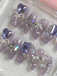 10 件高端闪光极光紫心套装带水钻手工假指甲，新款纯手工指甲贴片佩戴轻奢白色假指甲按压指甲美甲用品指甲 - 彩色 - 查看 3